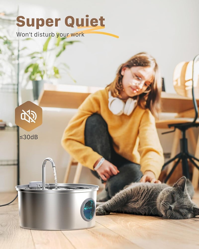 FOFNON Cat Water Fountain Stainless Steel: Cat Fountain for Drinking - 108oz/3.2L Pet Water Fountain for Cats Indoor - Quiet Water Fountain for Cats - Faucet Pet Fountain - Contains 6 Filters + 3 Sponges - Image 4